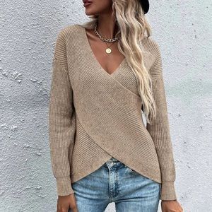 Tan faux wrap Boho knit sweater surplice